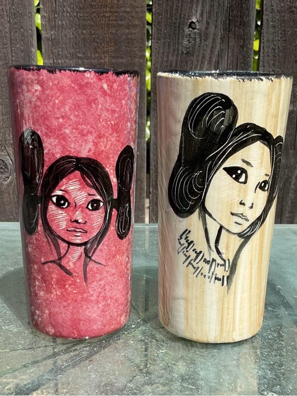 Native Girls Southwestern Pottery Vases 7” Signed Rena Paradis Tucson Pair of 2
